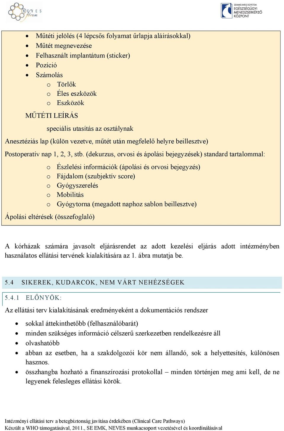 (dekurzus, orvosi és ápolási bejegyzések) standard tartalommal: o Észlelési információk (ápolási és orvosi bejegyzés) o Fájdalom (szubjektív score) o Gyógyszerelés o Mobilitás o Gyógytorna (megadott