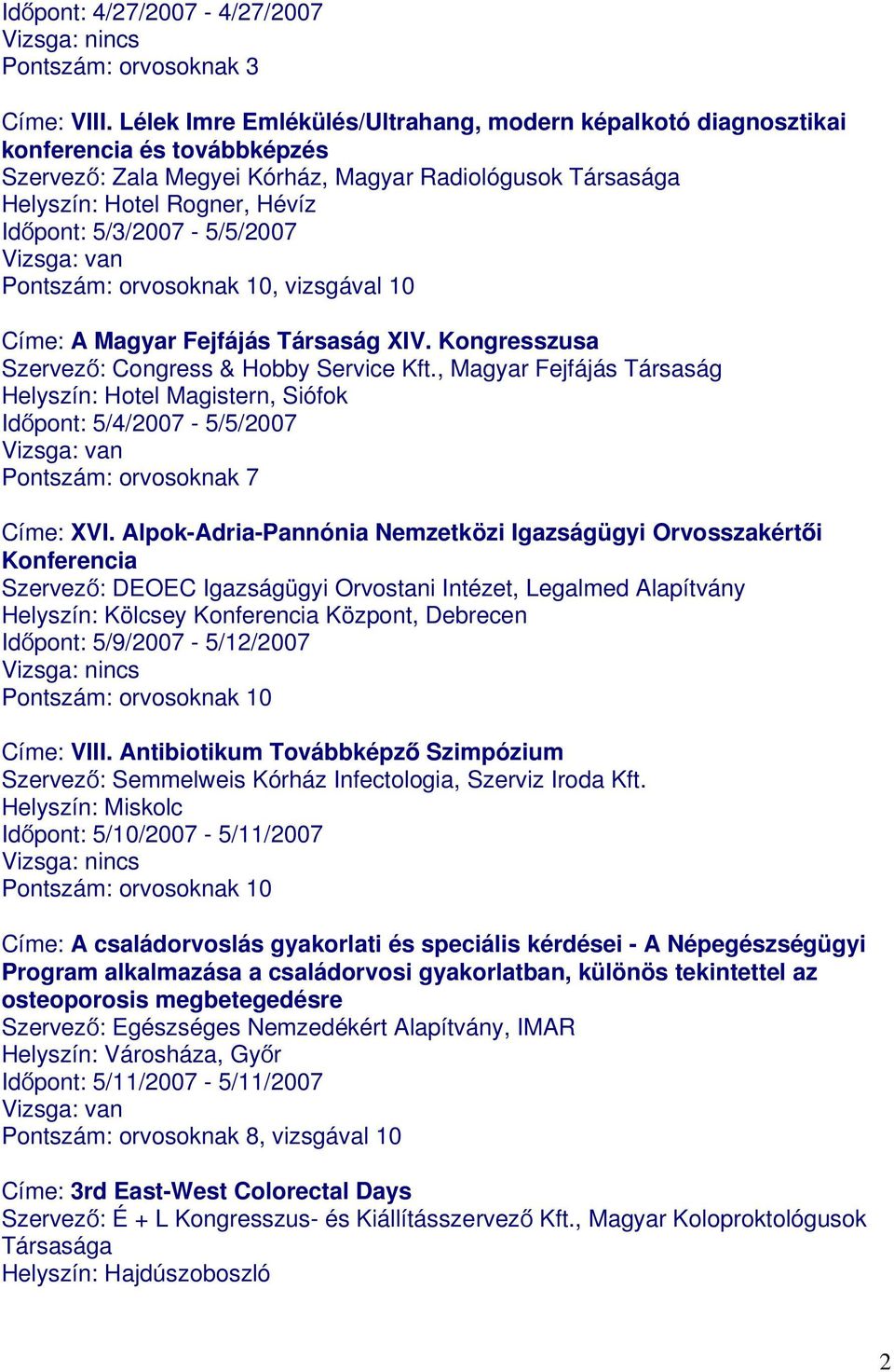 5/3/2007-5/5/2007, vizsgával 10 Címe: A Magyar Fejfájás Társaság XIV. Kongresszusa Szervező: Congress & Hobby Service Kft.