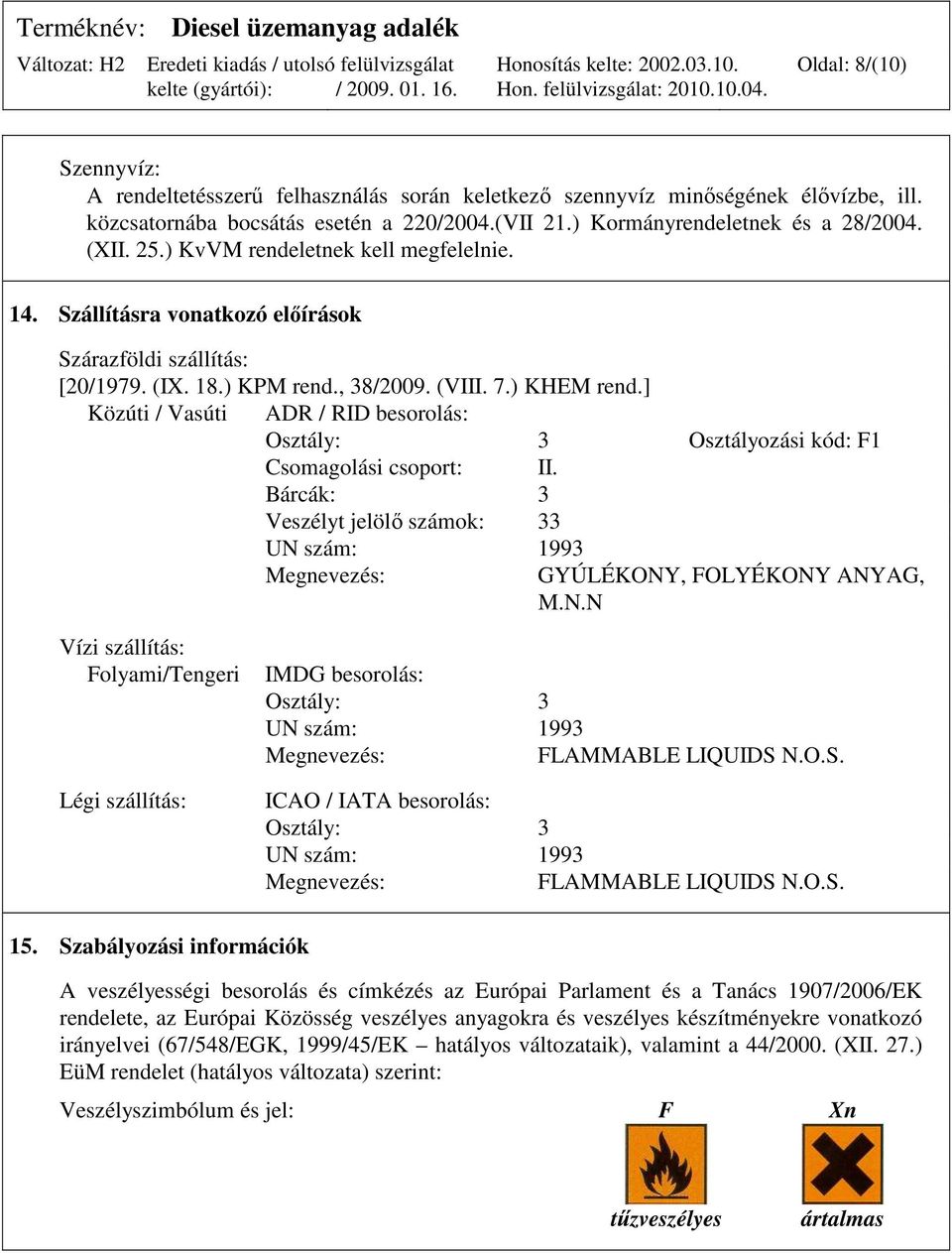 ] Közúti / Vasúti ADR / RID besorolás: Osztály: 3 Osztályozási kód: F1 Csomagolási csoport: II. Bárcák: 3 Veszélyt jelölı számok: 33 UN 