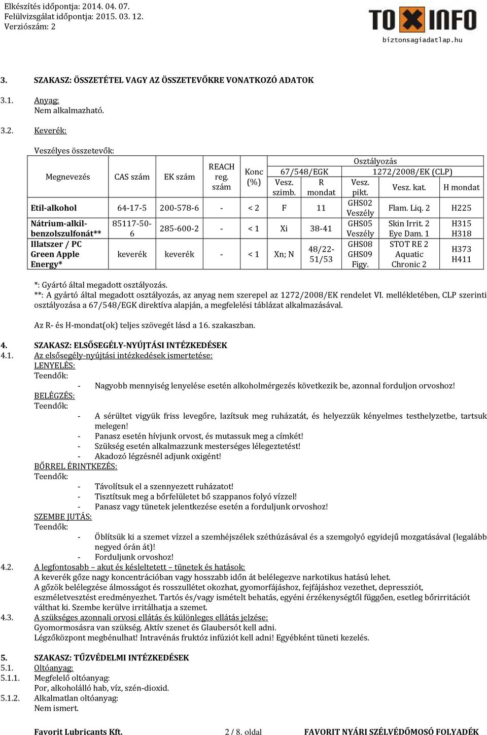 R mondat Etil-alkohol 64-17-5 200-578-6 - < 2 F 11 Nátrium-alkilbenzolszulfonát** Illatszer / PC Green Apple Energy* 85117-50- 6 285-600-2 - < 1 Xi 38-41 keverék keverék - < 1 Xn; N 48/22-51/53