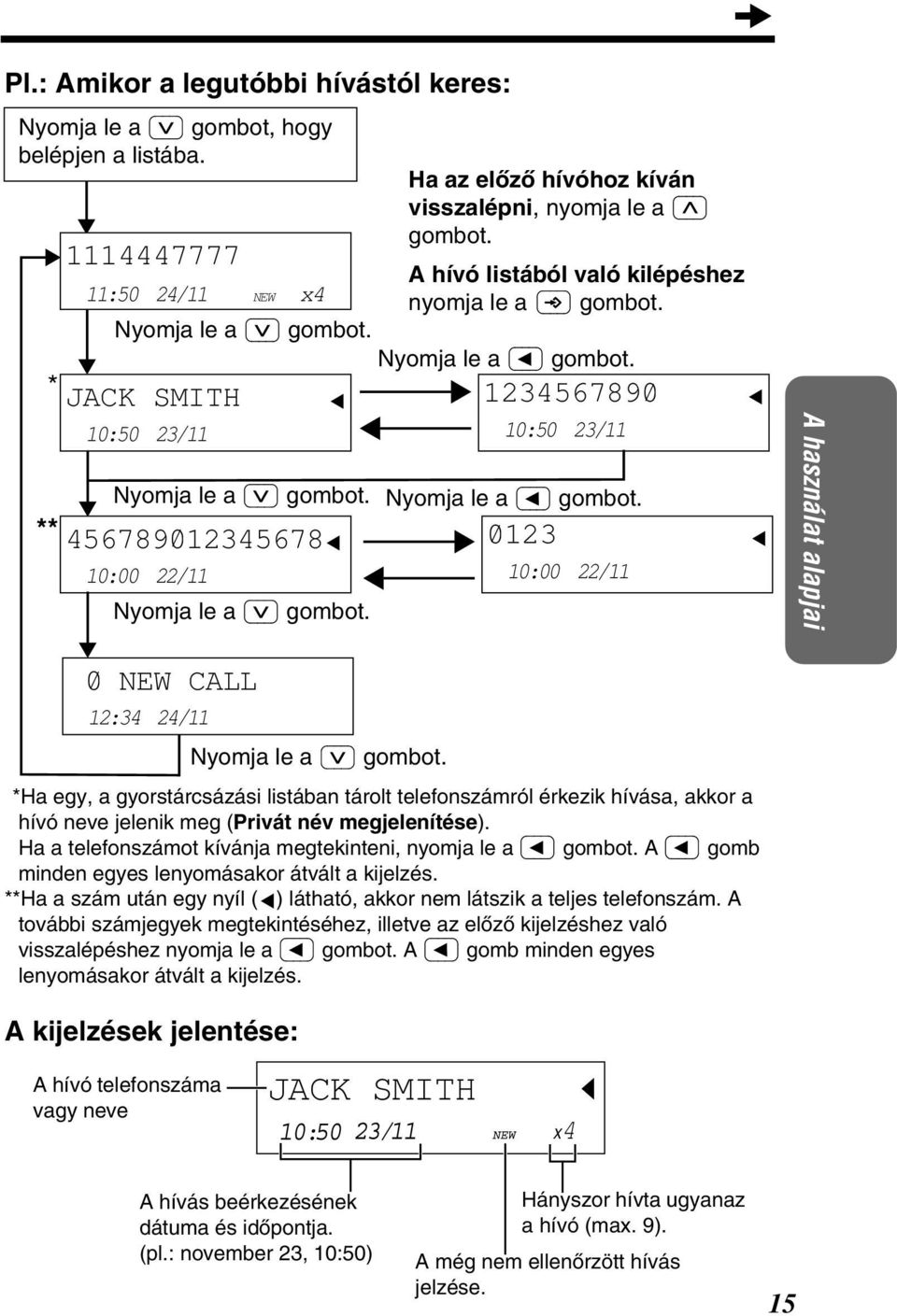 456789045678 / 0 / 0:00 / Nyomja le a 4567890 0:50 / 0:00 / A használat alapjai 0 / NEW CALL :4 4/ Nyomja le a **Ha egy, a gyorstárcsázási listában tárolt telefonszámról érkezik hívása, akkor a hívó