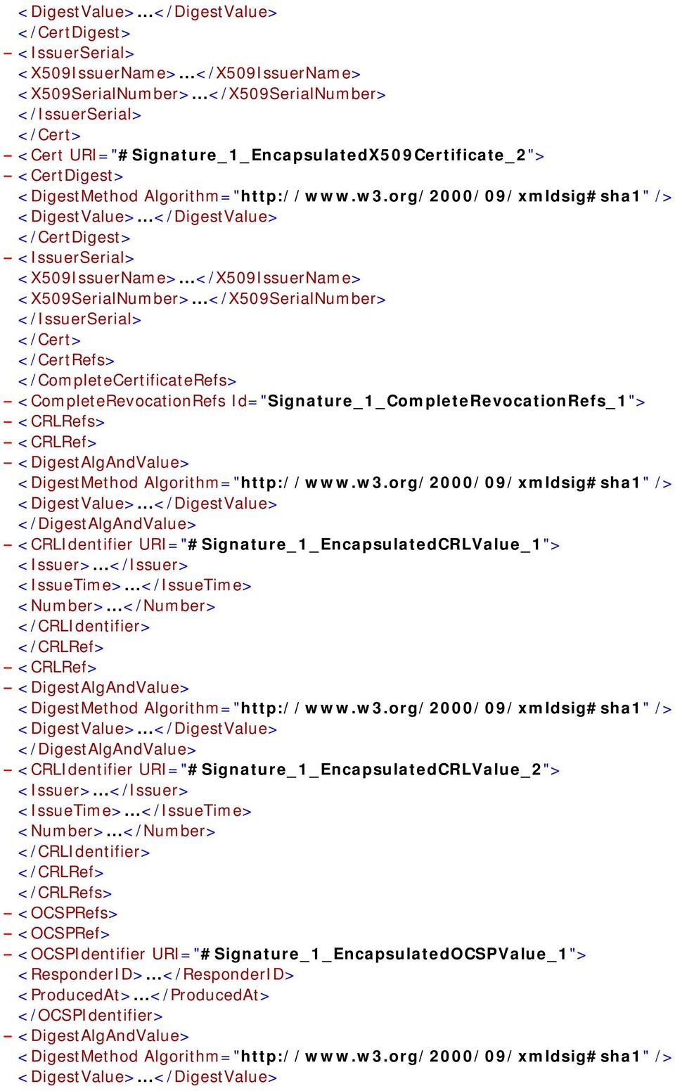 .</X509SerialNumber> </IssuerSerial> </Cert> </CertRefs> </CompleteCertificateRefs> - <CompleteRevocationRefs Id="Signature_1_CompleteRevocationRefs_1"> - <CRLRefs> - <CRLRef> - <DigestAlgAndValue>