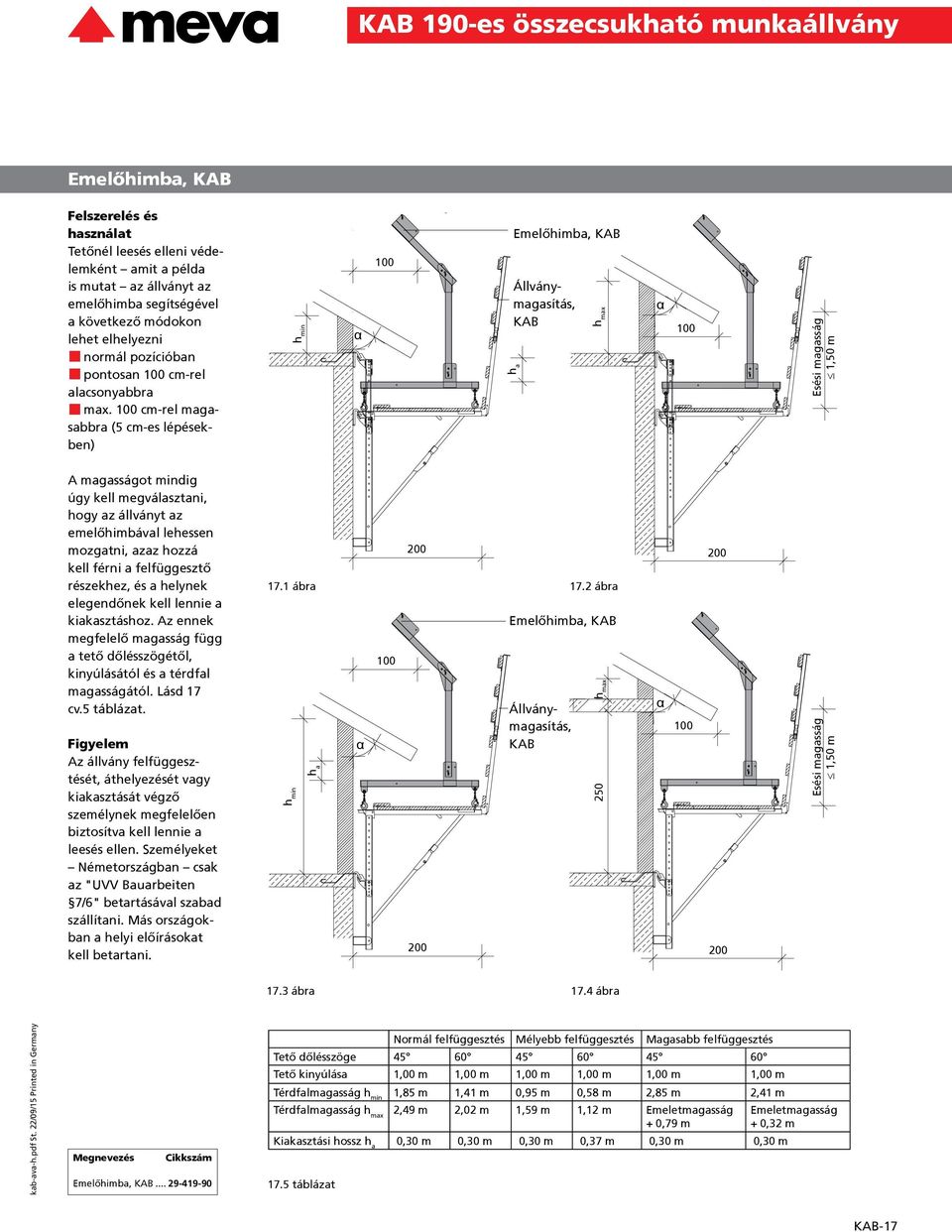 100 cm-rel magasabbra (5 cm-es lépésekben) h min α 100 Emelőhimba, KAB Állványmagasítás, KAB h a h max α 100 Esési magasság 1,50 m A magasságot mindig úgy kell megválasztani, hogy az állványt az