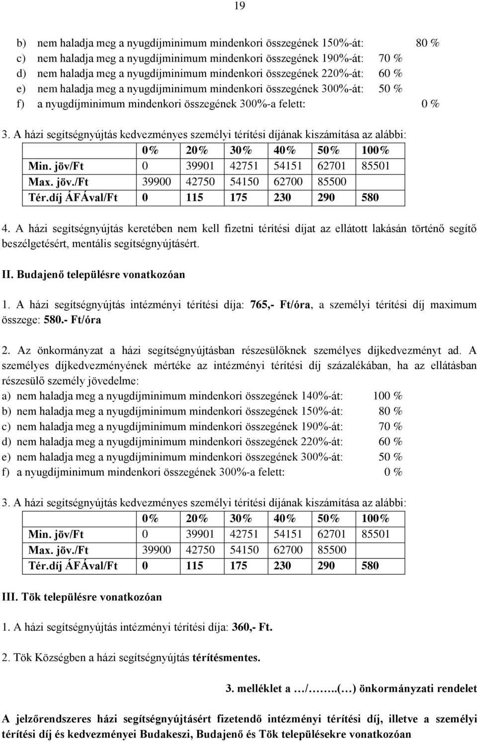 A házi segítségnyújtás kedvezményes személyi térítési díjának kiszámítása az alábbi: 0% 20% 30% 40% 50% 100% Min. jöv/ft 0 39901 42751 54151 62701 85501 Max. jöv./ft 39900 42750 54150 62700 85500 Tér.