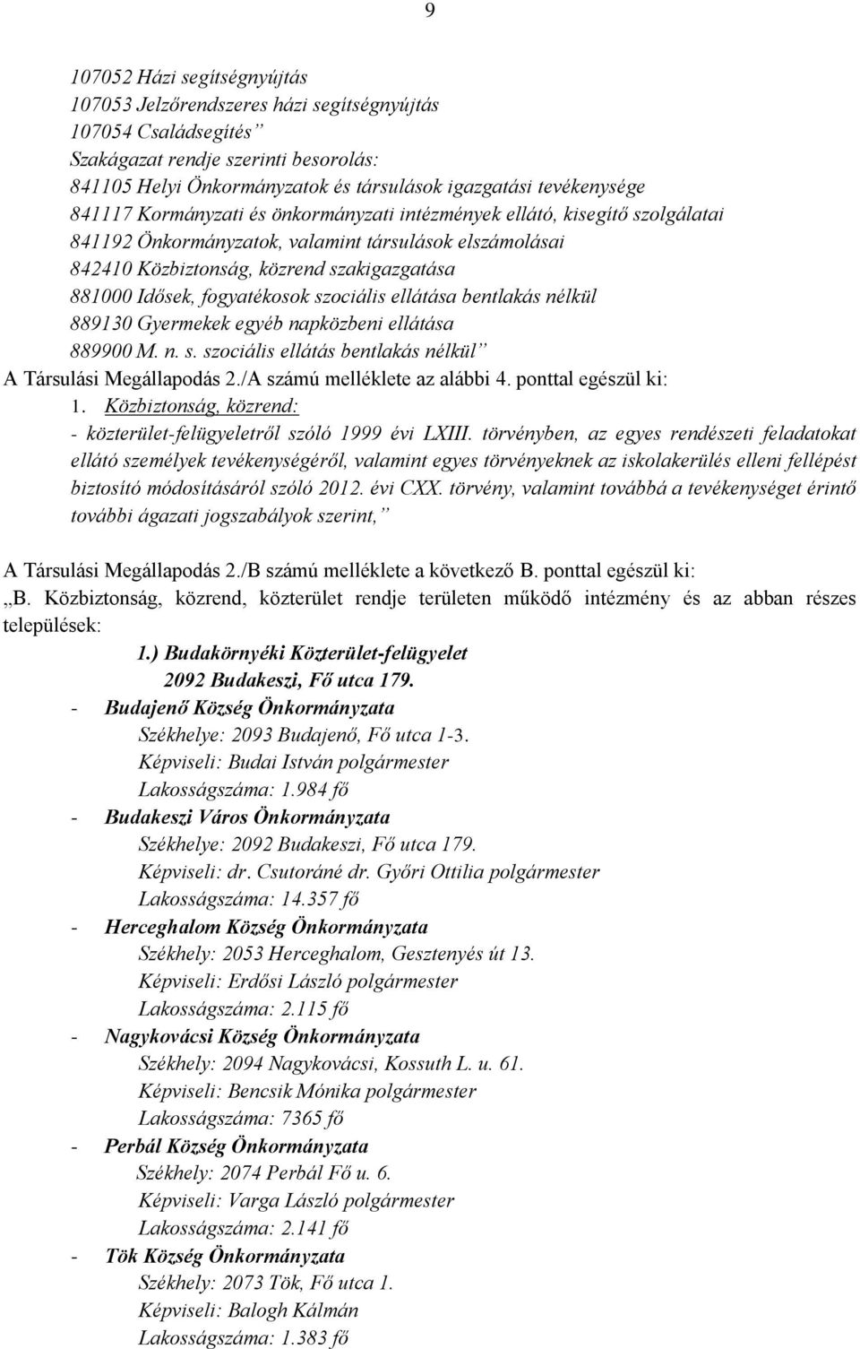 fogyatékosok szociális ellátása bentlakás nélkül 889130 Gyermekek egyéb napközbeni ellátása 889900 M. n. s. szociális ellátás bentlakás nélkül A Társulási Megállapodás 2.