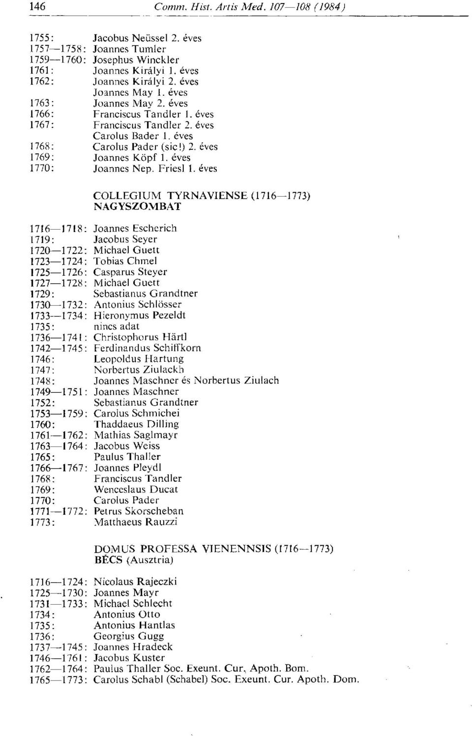 éves COLLEGIUM TYRN AVI ENSE (1716 1773) NAGYSZOMBAT 1716--1718: Joannes Escherich 1719 Jacobus Seyer 1720 1722: Michael Guett 1723- -1724: Tobias Chmel 1725--1726: Casparus Steyer 1727--1728: