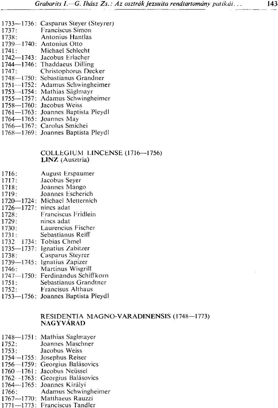 Plevdl 1764 1765: Joannes May 1766 1767: Carolus Smichei 1768 1769: Joannes Baptista Pleydl COLLEGIUM LINCENSE (1716 1756) LINZ (Ausztria) 1716: August Erspaumer 1717: Jacobus Sever 1718: Joannes