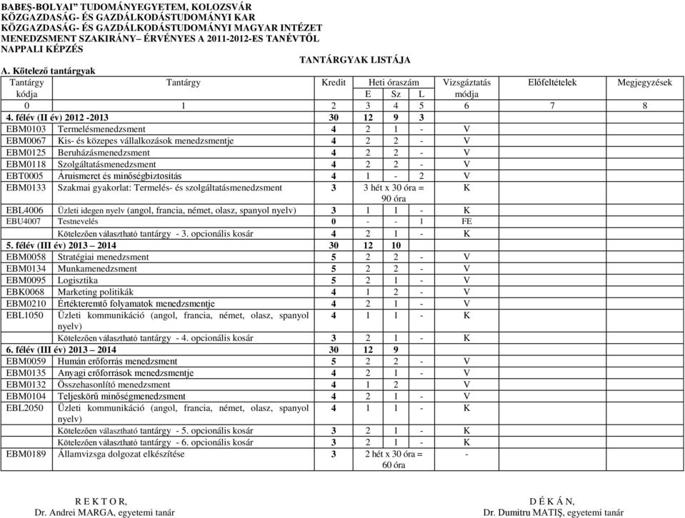 Szolgáltatásmenedzsment 4 2 2 - V EBT0005 Áruismeret és minőségbiztosítás 4 1-2 V EBM0133 Szakmai gyakorlat: Termelés- és szolgáltatásmenedzsment 3 3 hét x 30 óra = K 90 óra EBL4006 Üzleti idegen