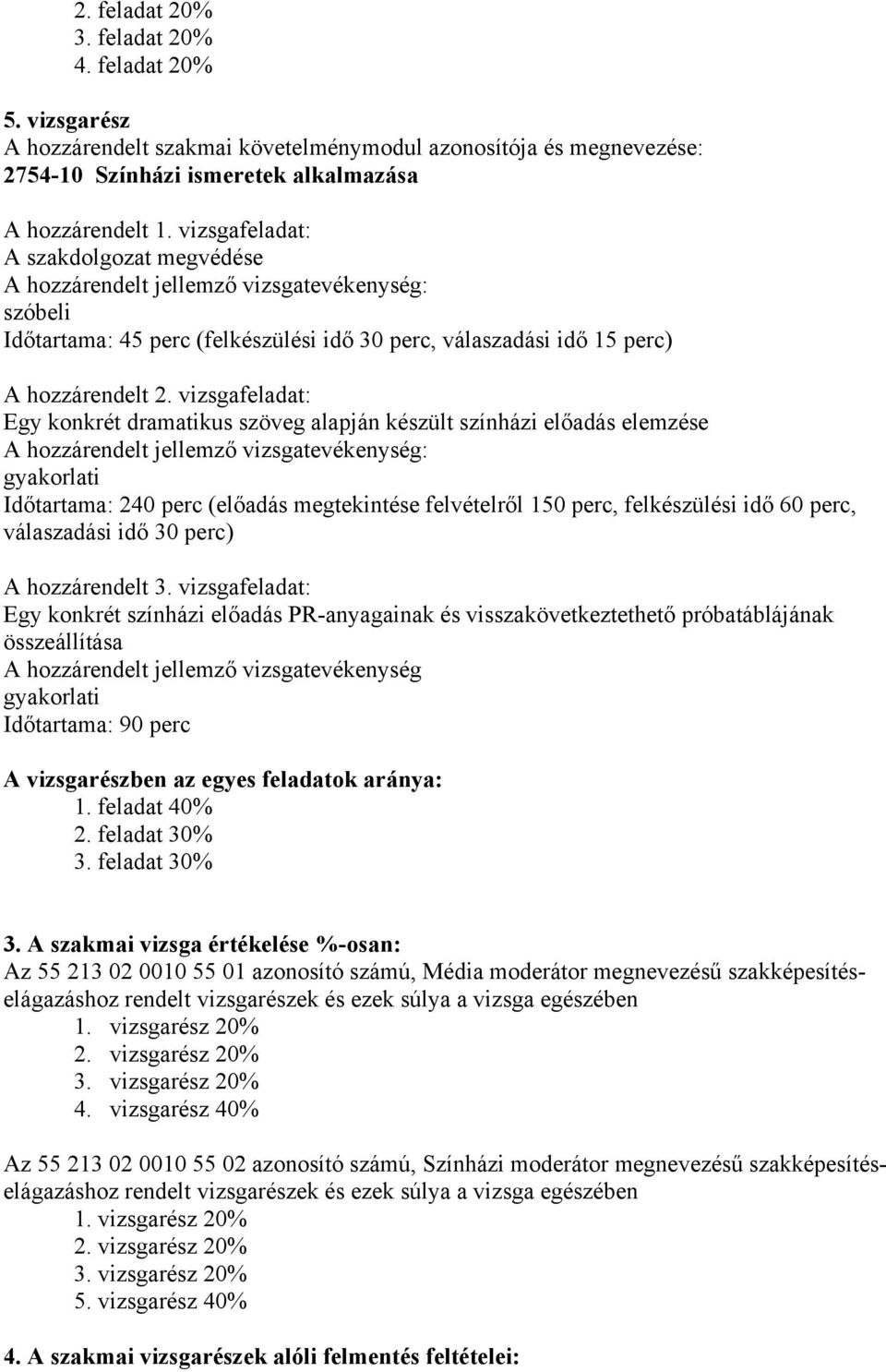 vizsgafeladat: Egy konkrét dramatikus szöveg alapján készült színházi előadás elemzése gyakorlati Időtartama: 240 perc (előadás megtekintése felvételről 150 perc, felkészülési idő 60 perc,