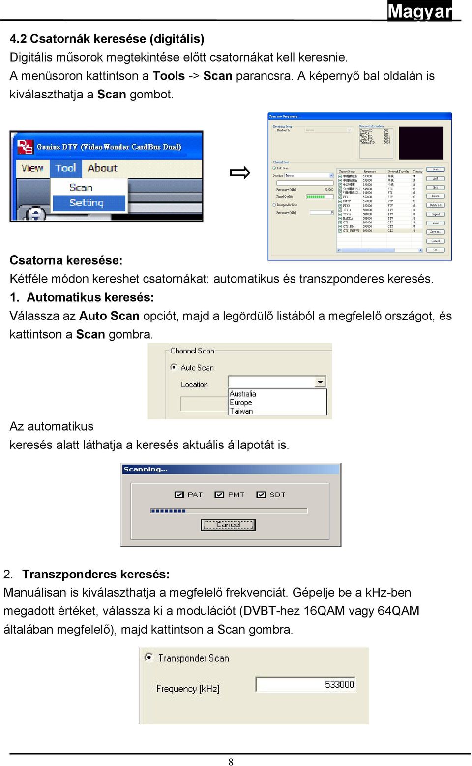 Automatikus keresés: Válassza az Auto Scan opciót, majd a legördülő listából a megfelelő országot, és kattintson a Scan gombra.