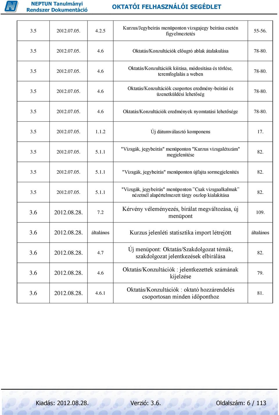 1.2 Új dátumválasztó komponens 17. 3.5 2012.07.05. 5.1.1 "Vizsgák, jegybeírás" menüponton "Kurzus vizsgalétszám" megjelenítése 82. 3.5 2012.07.05. 5.1.1 "Vizsgák, jegybeírás" menüponton újfajta sormegjelenítés 82.