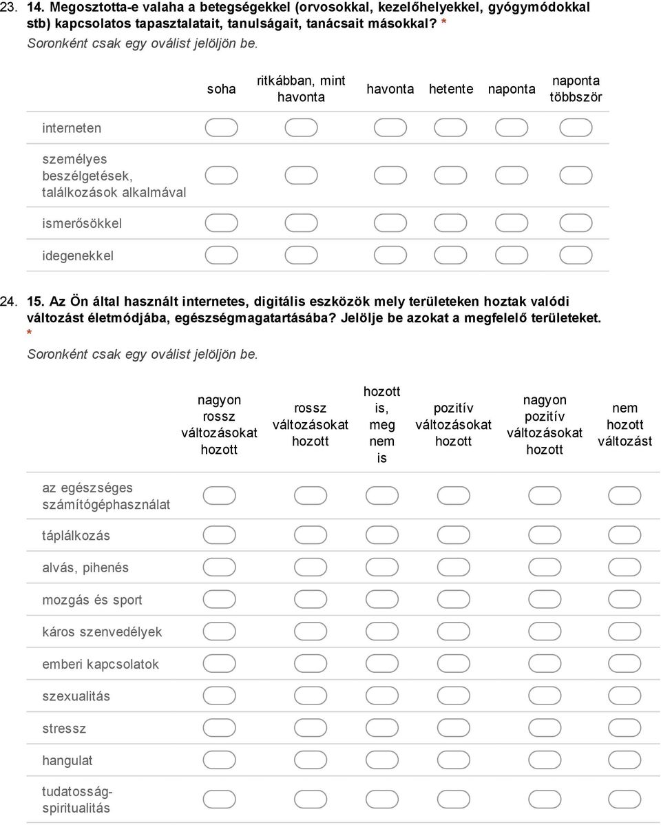 Az Ön által használt internetes, digitális eszközök mely területeken hoztak valódi változást életmódjába, egészségmagatartásába? Jelölje be azokat a megfelelő területeket.