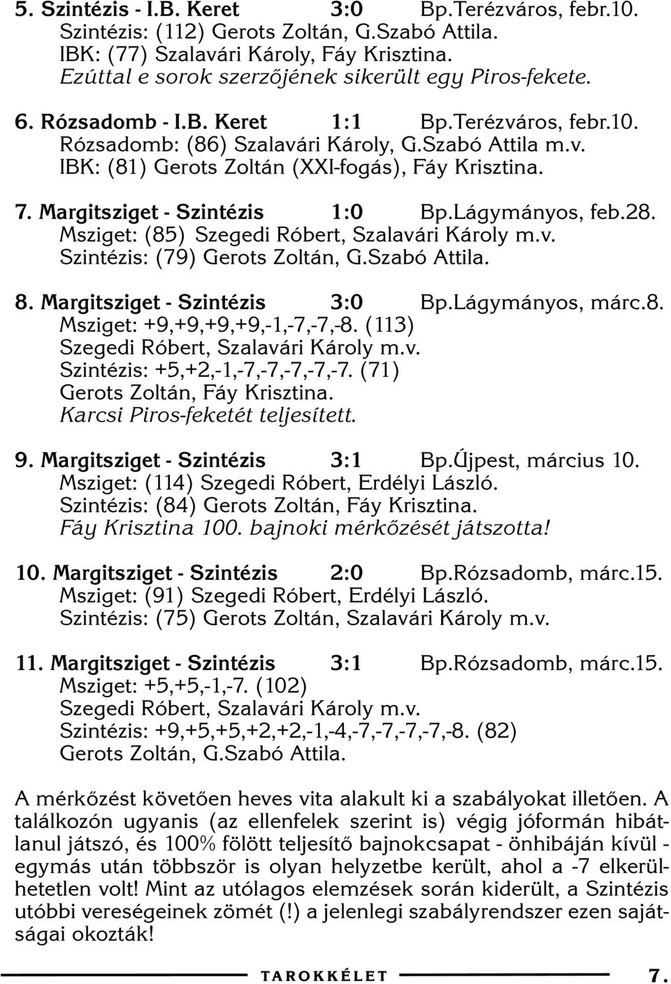 Lágymányos, feb.28. Msziget: (85) Szegedi Róbert, Szalavári Károly m.v. Szintézis: (79) Gerots Zoltán, G.Szabó Attila. 8. Margitsziget - Szintézis 3:0 Bp.Lágymányos, márc.8. Msziget: +9,+9,+9,+9,-1,-7,-7,-8.