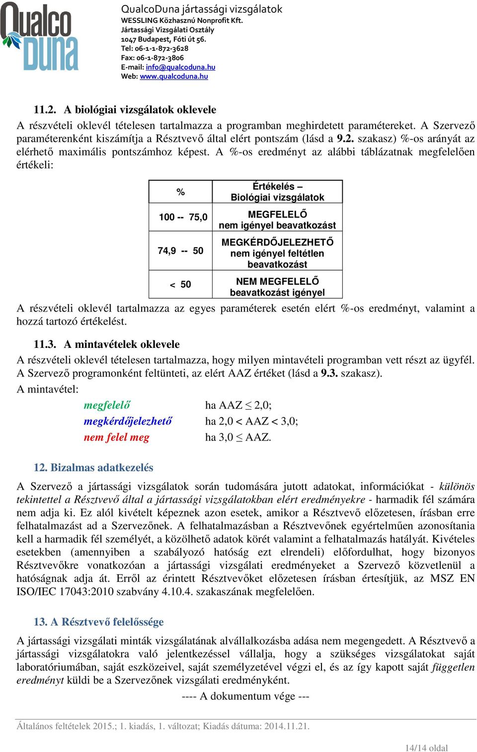 A %-os eredményt az alábbi táblázatnak megfelelően értékeli: % Értékelés Biológiai vizsgálatok 100 -- 75,0 MEGFELELŐ nem igényel beavatkozást 74,9 -- 50 MEGKÉRDŐJELEZHETŐ nem igényel feltétlen