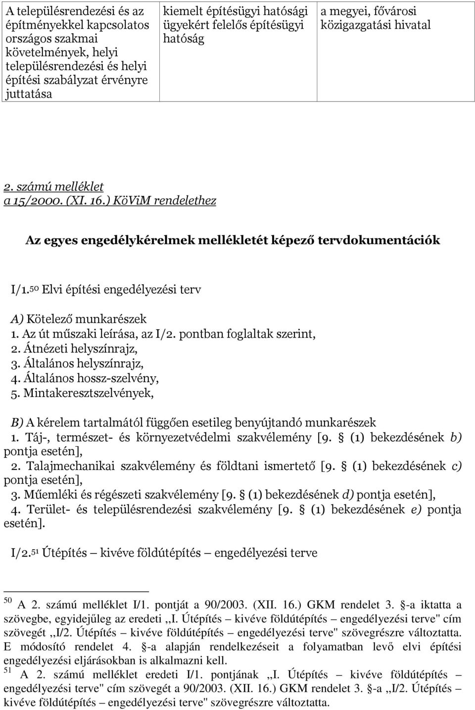 50 Elvi építési engedélyezési terv A) Kötelező munkarészek 1. Az út műszaki leírása, az I/2. pontban foglaltak szerint, 2. Átnézeti helyszínrajz, 3. Általános helyszínrajz, 4.