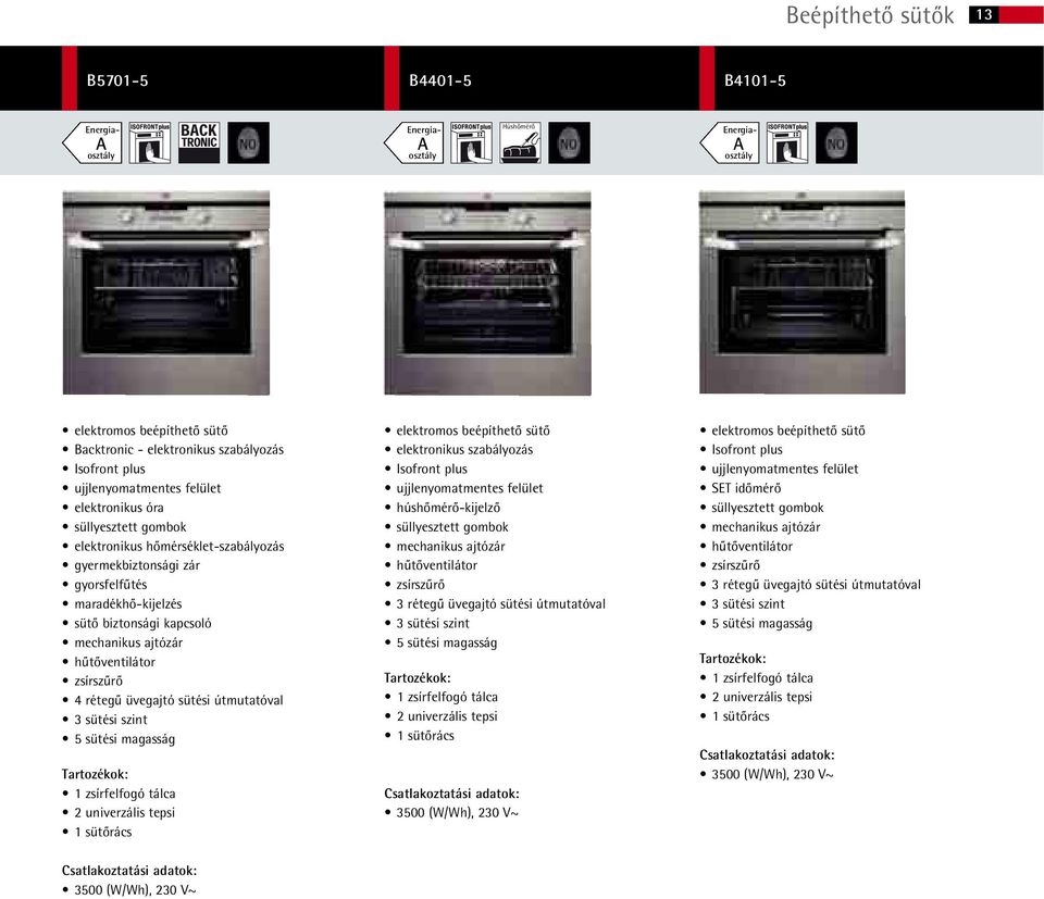 üvegajtó sütési útmutatóval 3 sütési szint 5 sütési magasság Tartozékok: 1 zsírfelfogó tálca 2 univerzális tepsi 1 sütőrács elektromos beépíthető sütő elektronikus szabályozás Isofront plus