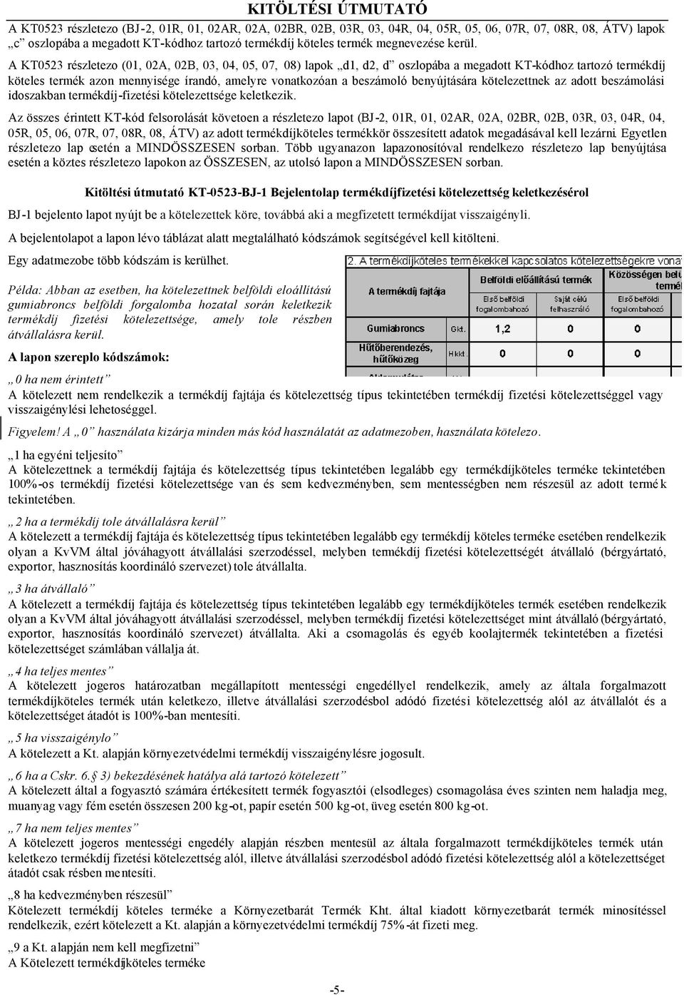 A KT0523 részletezo (01, 02A, 02B, 03, 04, 05, 07, 08) lapok d1, d2, d oszlopába a megadott KT-kódhoz tartozó termékdíj köteles termék azon mennyisége írandó, amelyre vonatkozóan a beszámoló