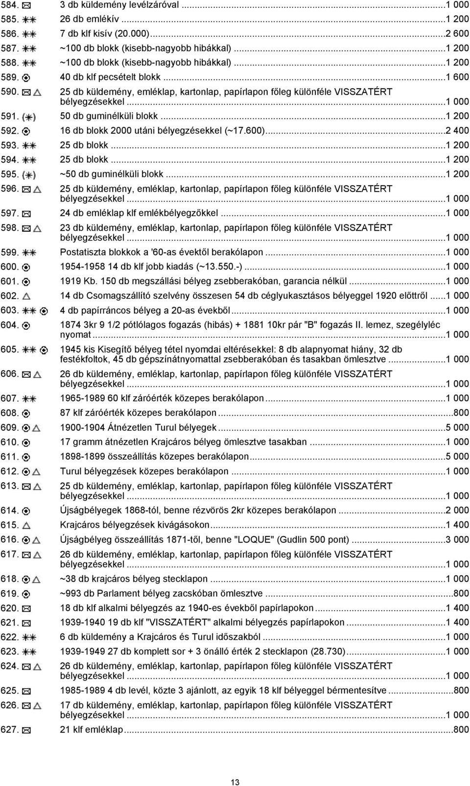 50 db guminélküli blokk...1 200 592. 16 db blokk 2000 utáni bélyegzésekkel (~17.600)...2 400 593. 25 db blokk...1 200 594. 25 db blokk...1 200 595. ~50 db guminélküli blokk...1 200 596.