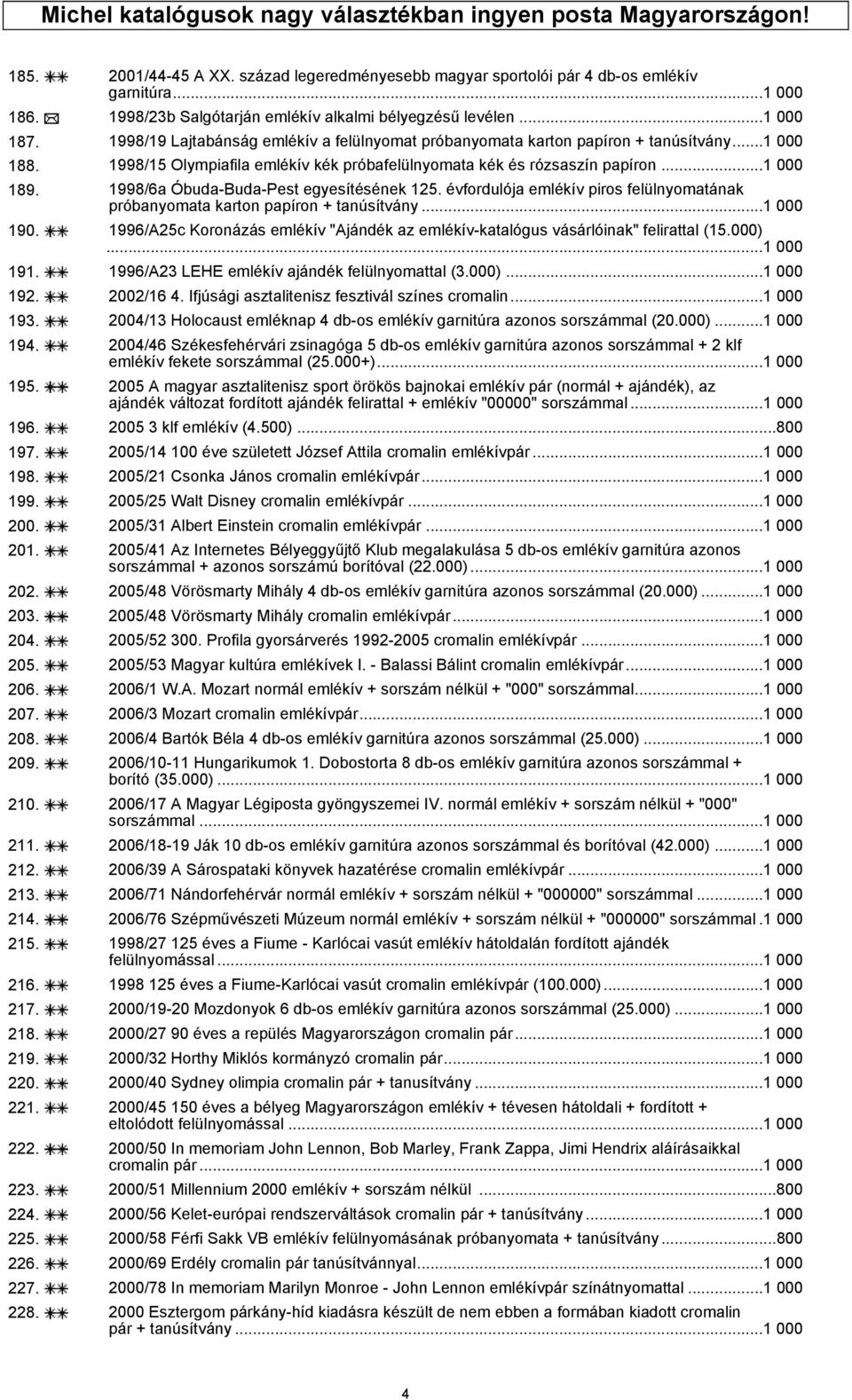 1998/15 Olympiafila emlékív kék próbafelülnyomata kék és rózsaszín papíron...1 000 189. 1998/6a Óbuda-Buda-Pest egyesítésének 125.