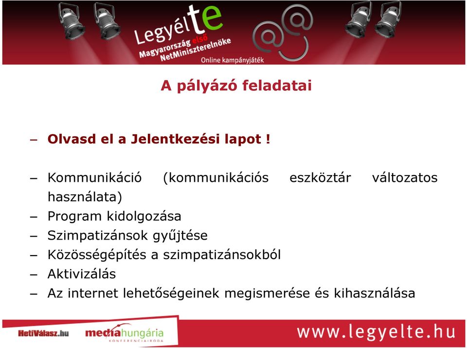 Program kidolgozása Szimpatizánsok gyűjtése Közösségépítés a