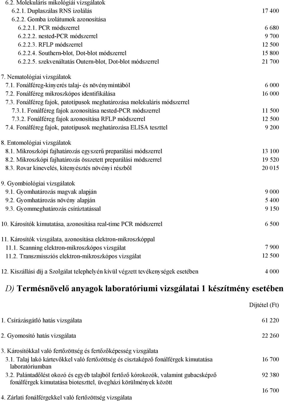 2. Fonálféreg mikroszkópos identifikálása 16 000 7.3. Fonálféreg fajok, patotípusok meghatározása molekuláris módszerrel 7.3.1. Fonálféreg fajok azonosítása nested-pcr módszerrel 11 500 7.3.2. Fonálféreg fajok azonosítása RFLP módszerrel 12 500 7.