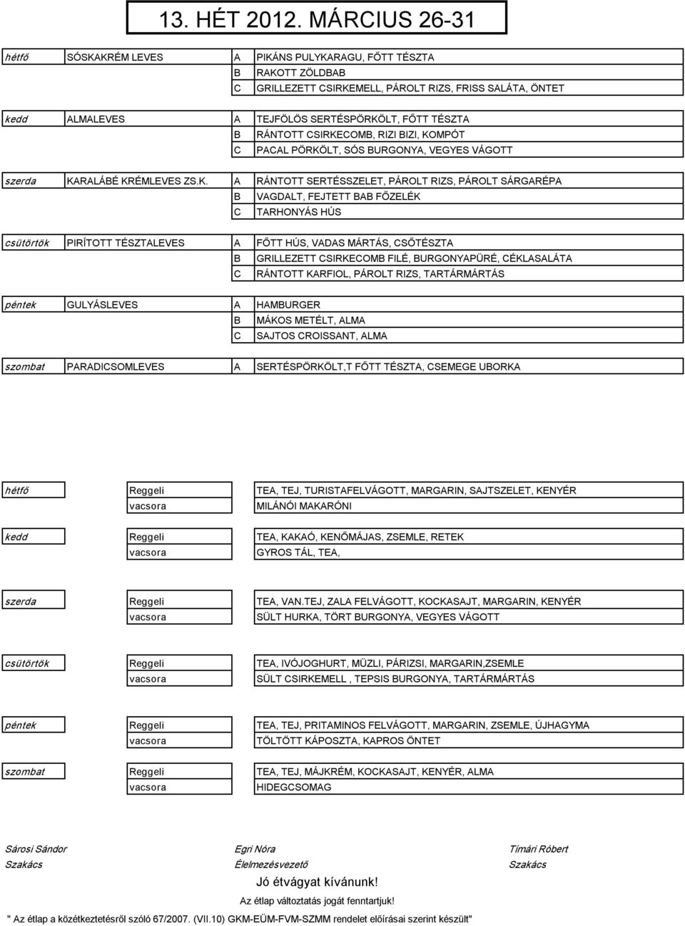 PÖRKÖLT, SÓS URGONY, VEGYES VÁGOTT KRLÁÉ KRÉMLEVES ZS.K. RÁNTOTT SERTÉSSZELET, PÁROLT RIZS, PÁROLT SÁRGRÉP VGDLT, FEJTETT FŐZELÉK TRHONYÁS HÚS PIRÍTOTT TÉSZTLEVES FŐTT HÚS, VDS MÁRTÁS, SŐTÉSZT