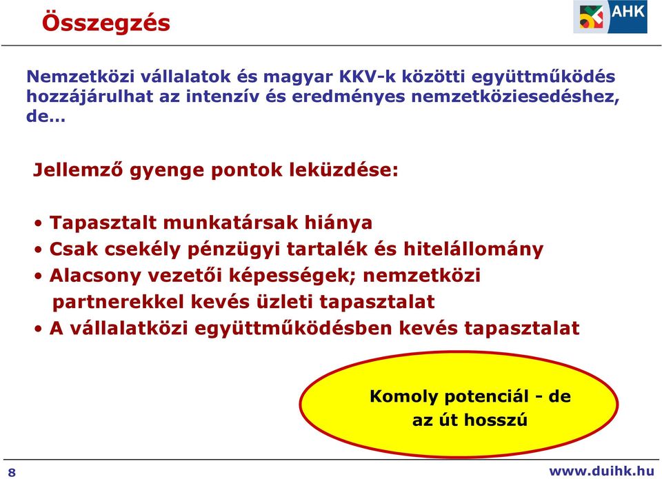 csekély pénzügyi tartalék és hitelállomány Alacsony vezetıi képességek; nemzetközi partnerekkel kevés
