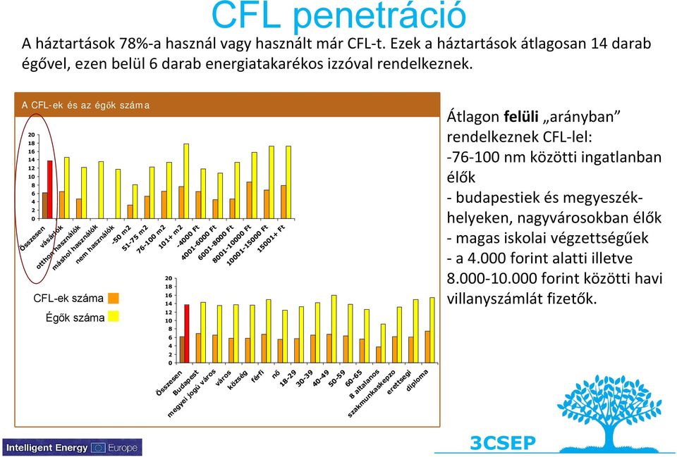 Ft 10001-15000 Ft 15001+ Ft CFL-ek száma Égők száma 20 18 16 14 12 10 8 6 4 2 0 Átlagon felüli arányban rendelkeznek CFL lel: 76 100 nm közötti ingatlanban élők budapestiek és megyeszékhelyeken,