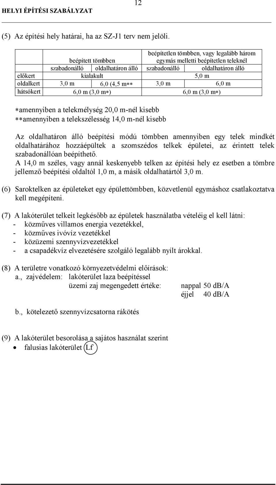 6,0 (4,5 m 3,0 m 6,0 m hátsókert 6,0 m (3,0 m ) 6,0 m (3,0 m ) amennyiben a telekmélység 20,0 m-nél kisebb amennyiben a telekszélesség 14,0 m-nél kisebb Az oldalhatáron álló beépítési módú tömbben