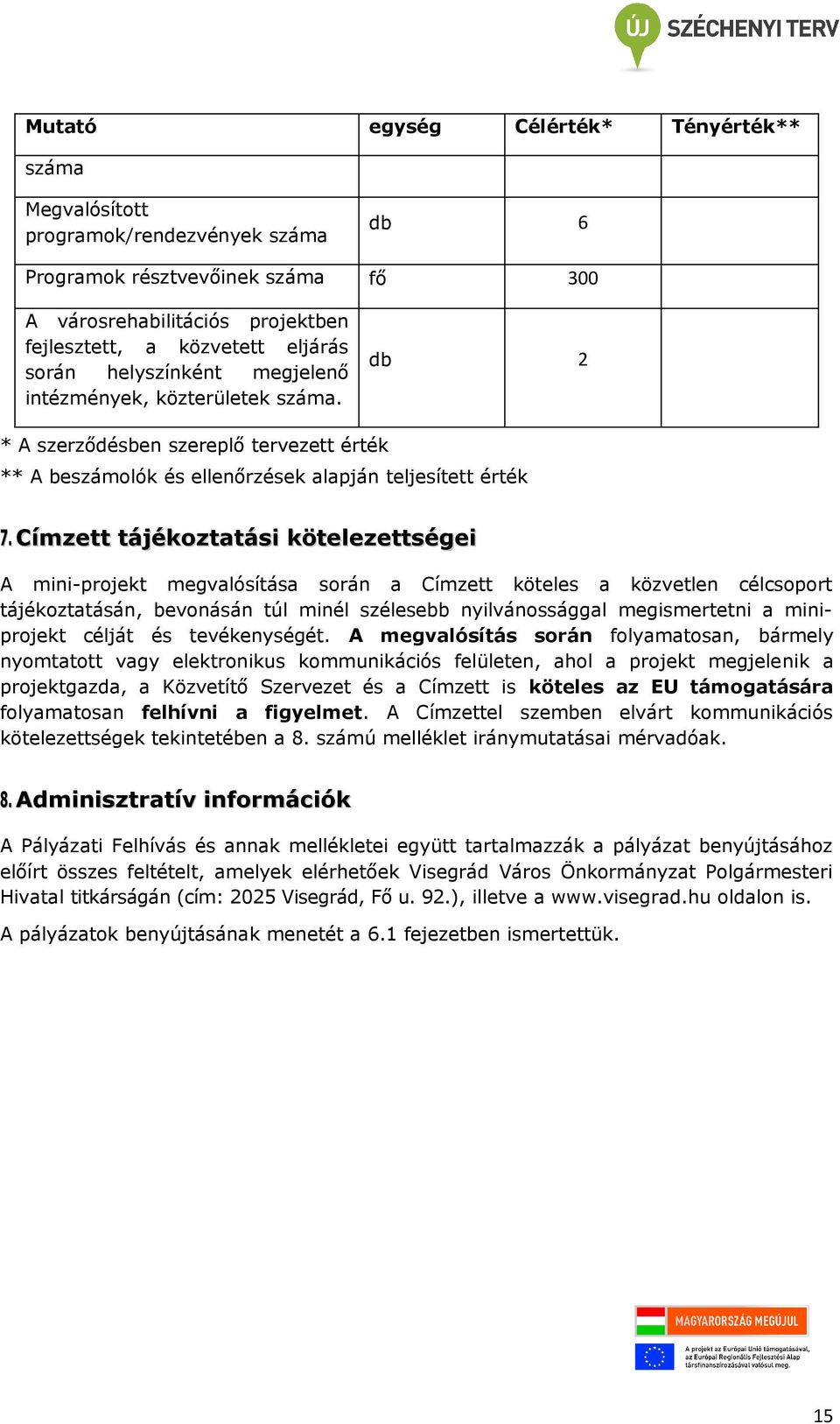 Címzett tájékoztatási kötelezettségei A mini-projekt megvalósítása során a Címzett köteles a közvetlen célcsoport tájékoztatásán, bevonásán túl minél szélesebb nyilvánossággal megismertetni a