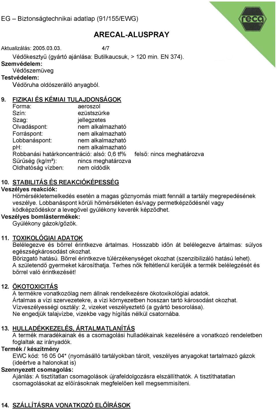 Robbanási határkoncentráció: alsó: 0,6 tf% Sűrűség (kg/m³): nincs meghatározva Oldhatóság vízben: nem oldódik felső: nincs meghatározva 10.