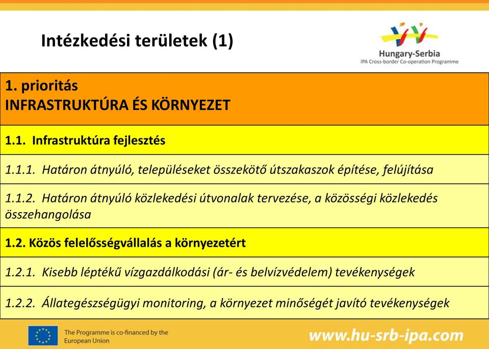 2.1. Kisebb léptékű vízgazdálkodási (ár- és belvízvédelem) tevékenységek 1.2.2. Állategészségügyi monitoring, a környezet minőségét javító tevékenységek