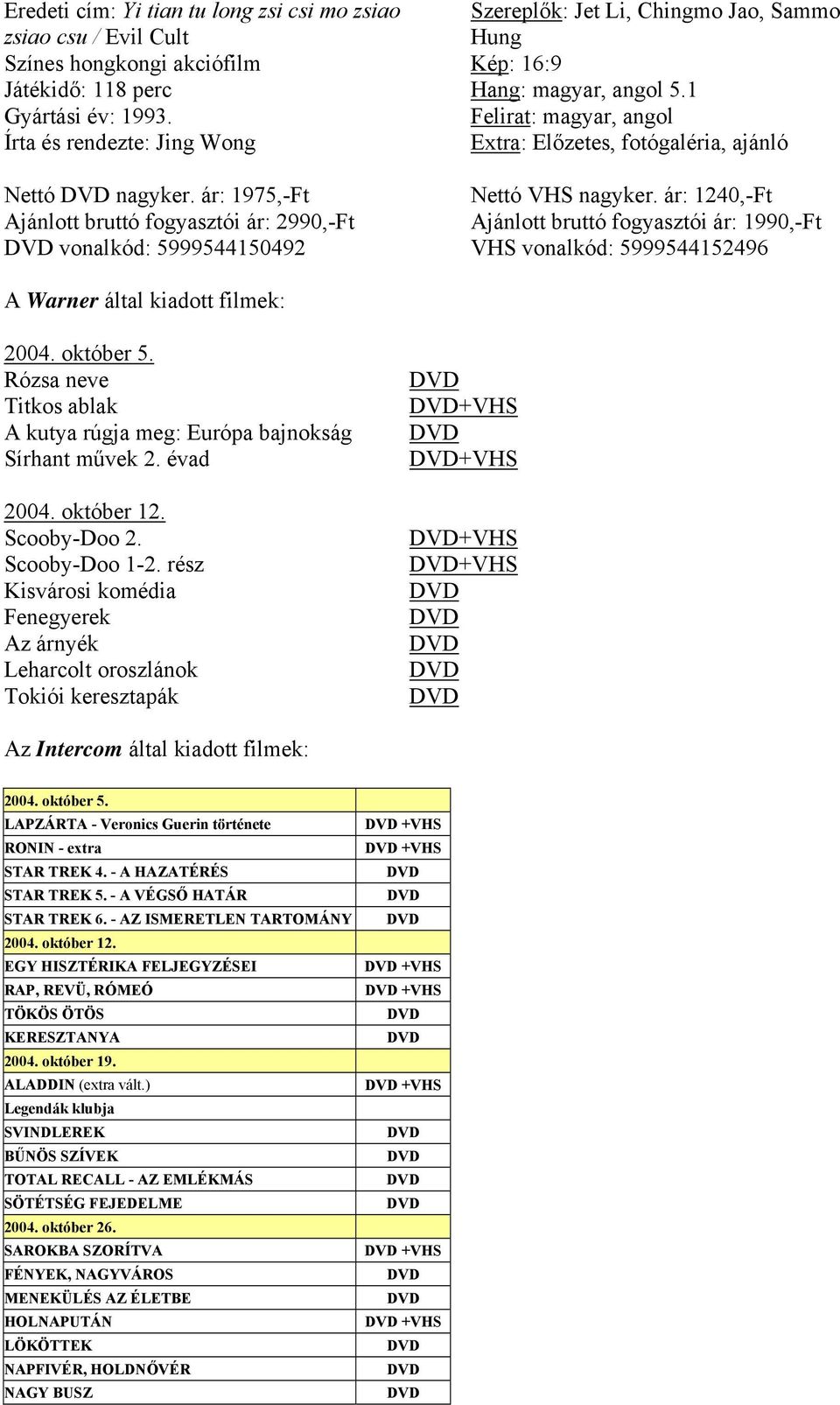 1 Felirat: magyar, angol Extra: Előzetes, fotógaléria, ajánló Nettó VHS nagyker. ár: 1240,-Ft Ajánlott bruttó fogyasztói ár: 1990,-Ft VHS vonalkód: 5999544152496 A Warner által kiadott filmek: 2004.