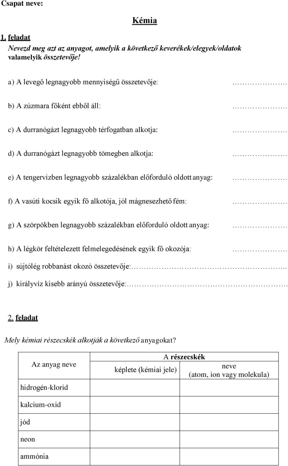 f) A vasúti kocsik egyik fő alkotója, jól mágnesezhető fém:. g) A szörpökben legnagyobb százalékban előforduló oldott anyag:. h) A légkör feltételezett felmelegedésének egyik fő okozója:.