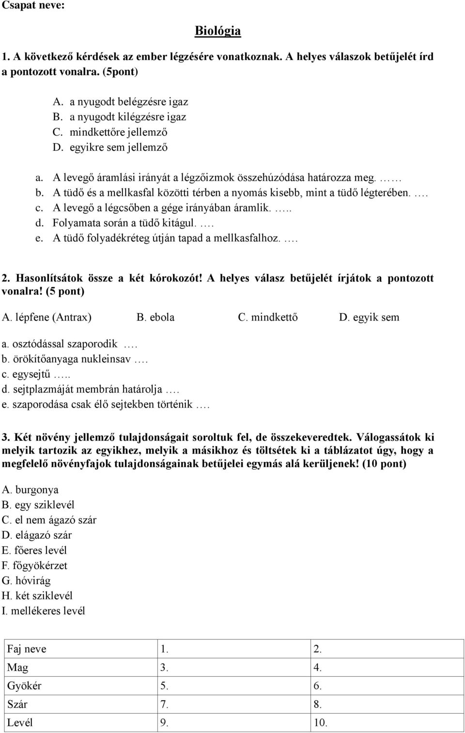 A levegő a légcsőben a gége irányában áramlik... d. Folyamata során a tüdő kitágul.. e. A tüdő folyadékréteg útján tapad a mellkasfalhoz.. 2. Hasonlítsátok össze a két kórokozót!