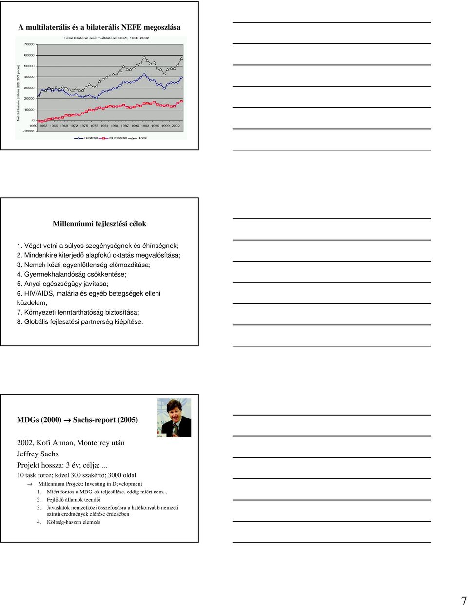 Környezeti fenntarthatóság biztosítása; 8. Globális fejlesztési partnerség kiépítése. MDGs (2000) Sachs-report (2005) 2002, Kofi Annan, Monterrey után Jeffrey Sachs Projekt hossza: 3 év; célja:.