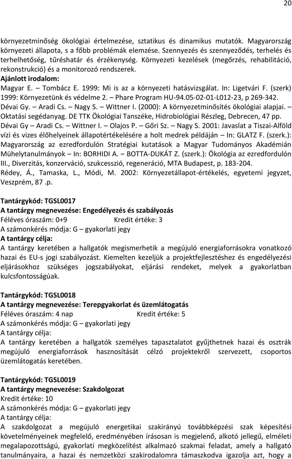 1999: Mi is az a környezeti hatásvizsgálat. In: Ligetvári F. (szerk) 1999: Környezetünk és védelme 2. Phare Program HU-94.05-02-01-L012-23, p 269-342. Dévai Gy. Aradi Cs. Nagy S. Wittner I.