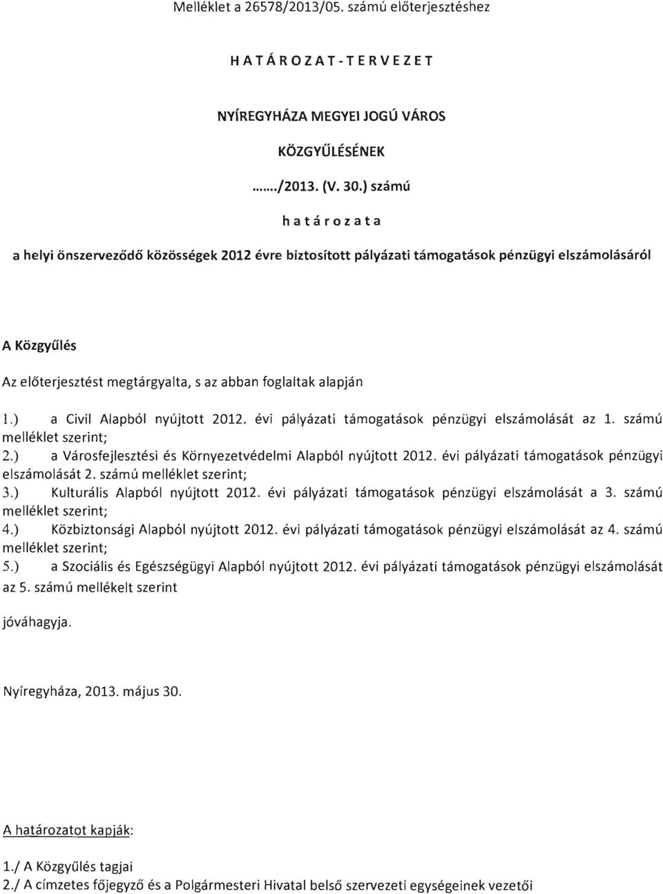 ) a Civil Alapból nyújtott 2012. évi pályázati támogatások pénzügyi elszámolását az 1. számú melléklet szerint; 2.) a Városfejlesztési és Környezetvédelmi Alapból nyújtott 2012.