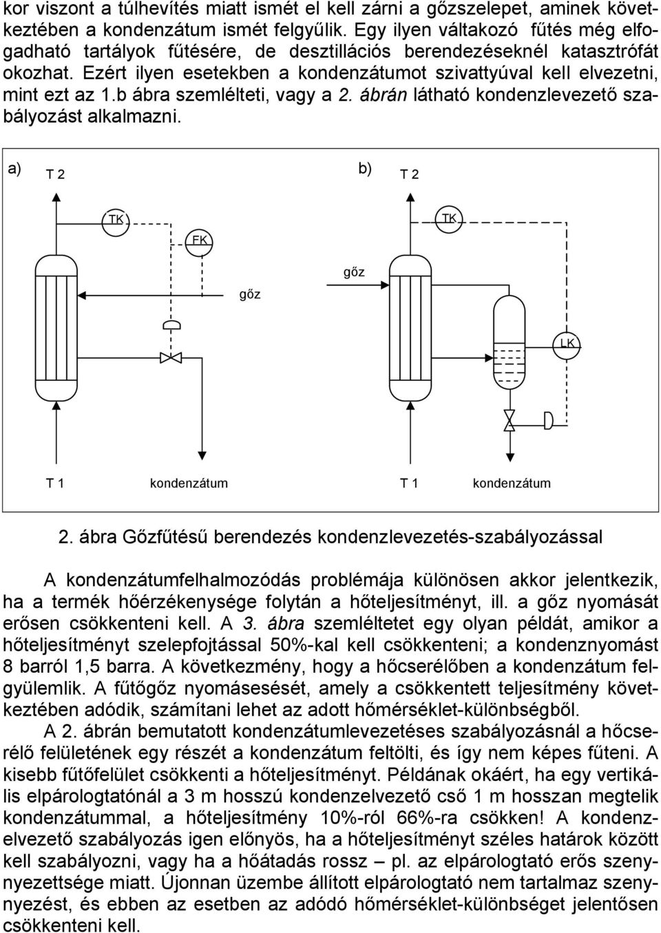 b ábra szemlélteti, vagy a 2. ábrán látható kondenzlevezető szabályozást alkalmazni. a) T 2 b) T 2 FK LK T 1 kondenzátum T 1 kondenzátum 2.