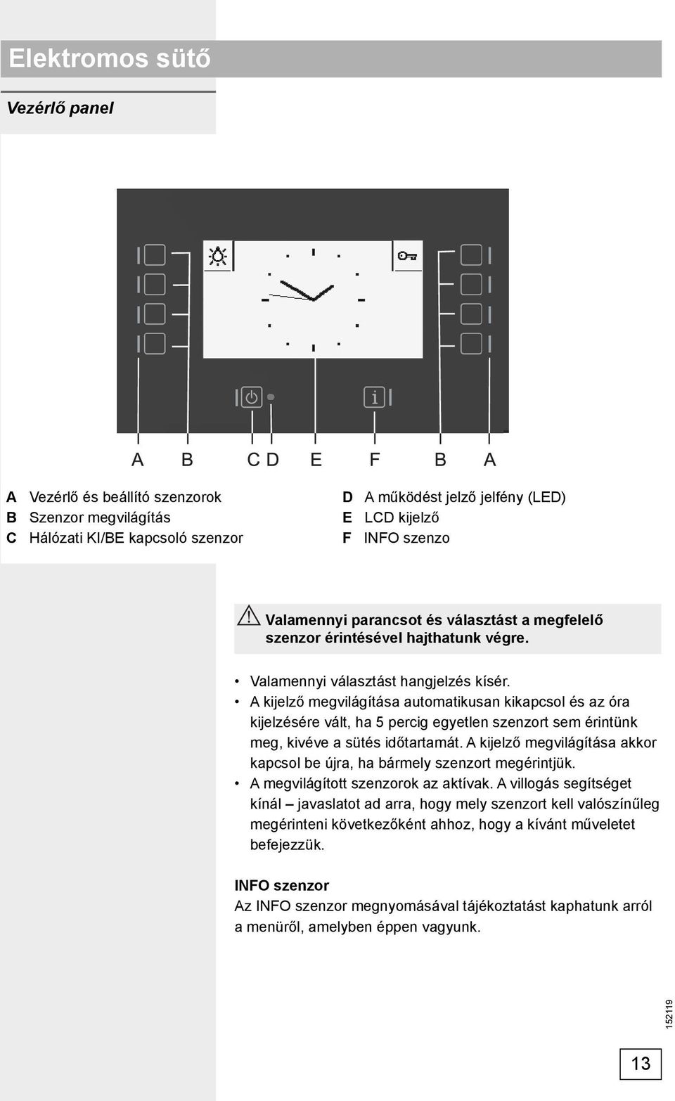 A kijelző megvilágítása automatikusan kikapcsol és az óra kijelzésére vált, ha 5 percig egyetlen szenzort sem érintünk meg, kivéve a sütés időtartamát.
