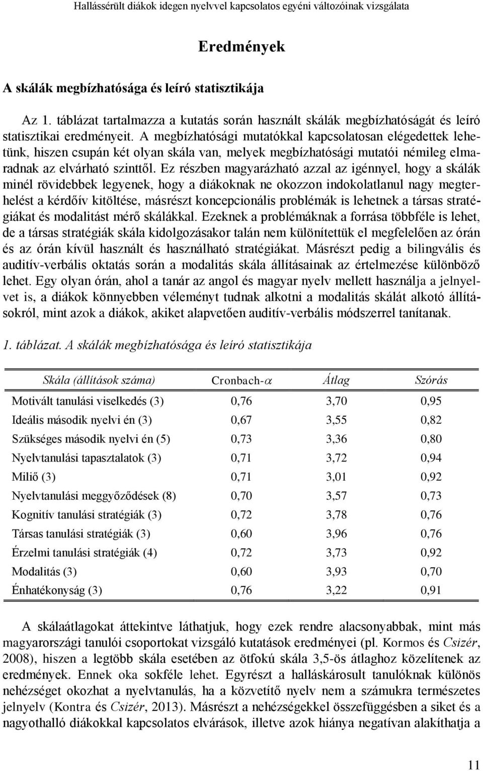 A megbízhatósági mutatókkal kapcsolatosan elégedettek lehetünk, hiszen csupán két olyan skála van, melyek megbízhatósági mutatói némileg elmaradnak az elvárható szinttől.