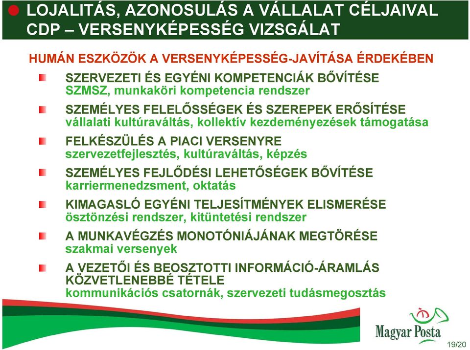 szervezetfejlesztés, kultúraváltás, képzés SZEMÉLYES FEJLŐDÉSI LEHETŐSÉGEK BŐVÍTÉSE karriermenedzsment, oktatás KIMAGASLÓ EGYÉNI TELJESÍTMÉNYEK ELISMERÉSE ösztönzési rendszer,