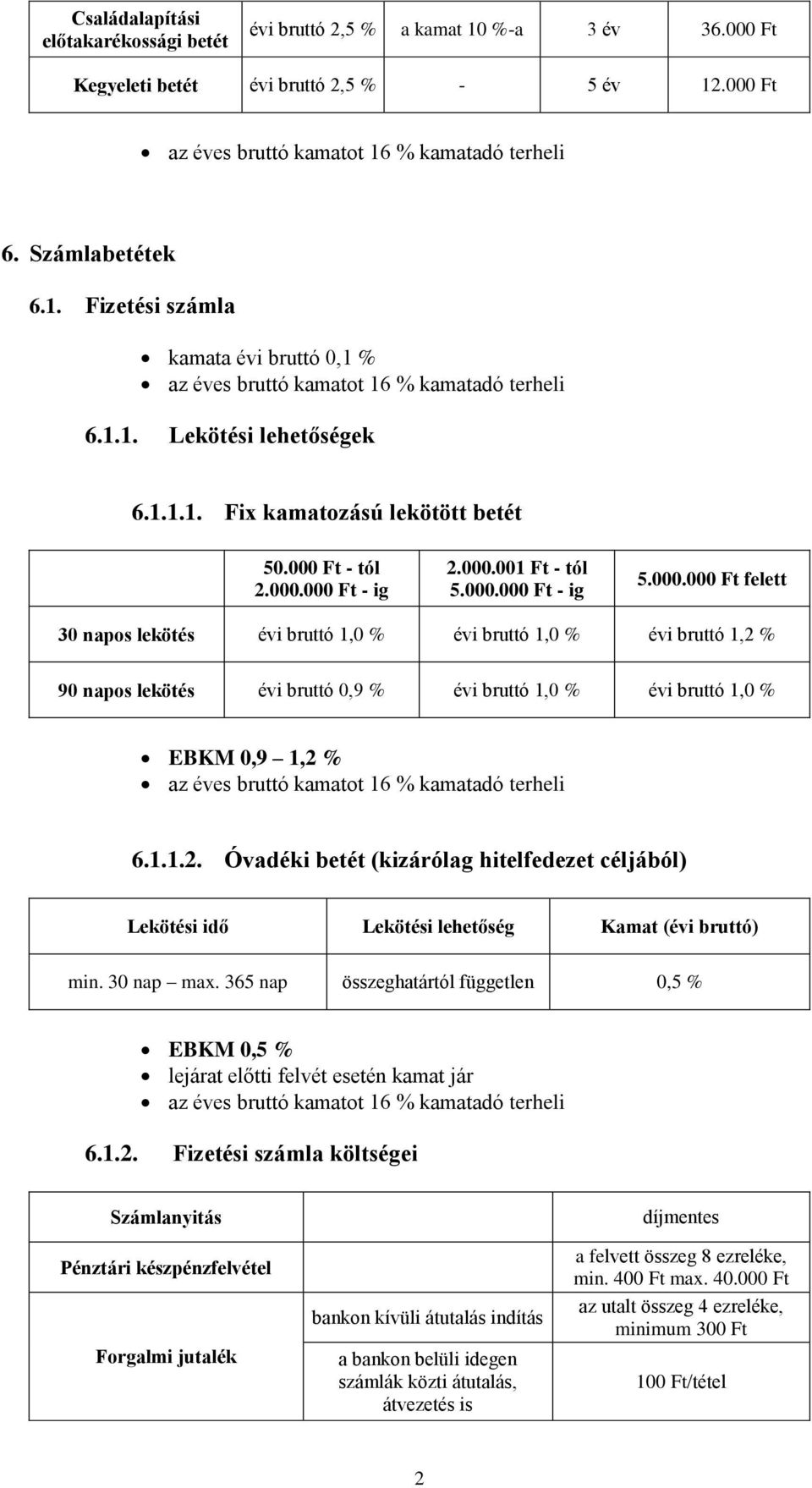 00 - ig 2.000.001 Ft - tól 5.000.00 - ig 5.000.00 felett 30 napos lekötés évi bruttó 1,0 % évi bruttó 1,0 % évi bruttó 1,2 % 90 napos lekötés évi bruttó 0,9 % évi bruttó 1,0 % évi bruttó 1,0 % EBKM 0,9 1,2 % 6.