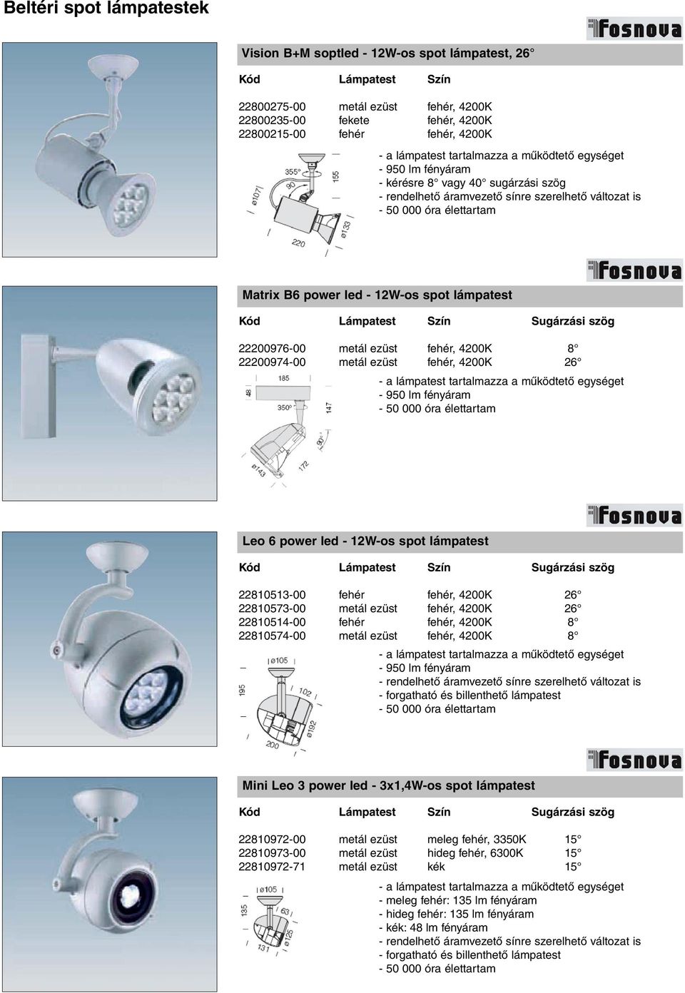 fehér, 4200K 8 22200974-00 metál ezüst fehér, 4200K 26-950 lm fényáram Leo 6 power led - 12W-os spot lámpatest Kód Lámpatest Szín Sugárzási szög 22810513-00 fehér fehér, 4200K 26 22810573-00 metál