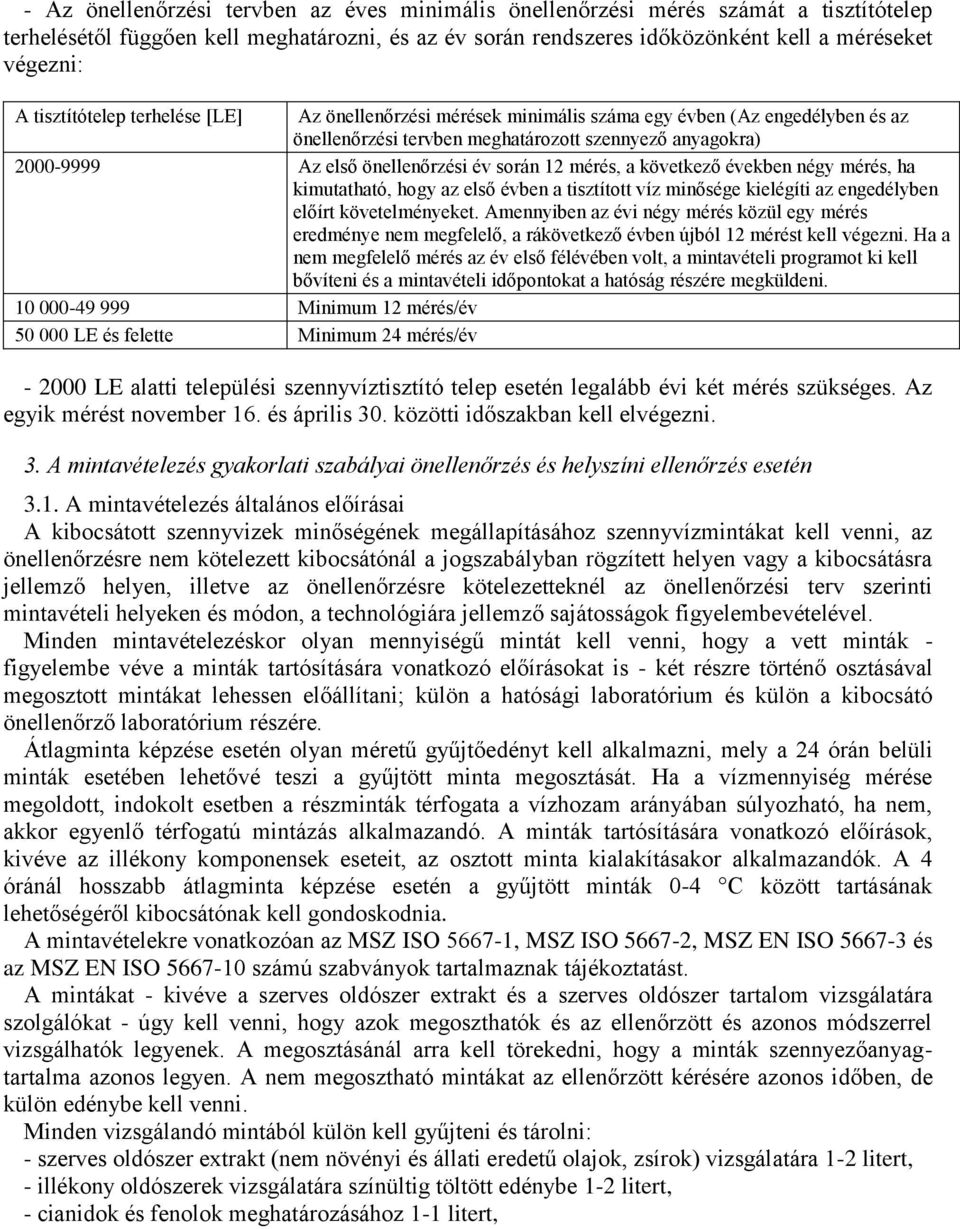12 mérés, a következő években négy mérés, ha kimutatható, hogy az első évben a tisztított víz minősége kielégíti az engedélyben előírt követelményeket.
