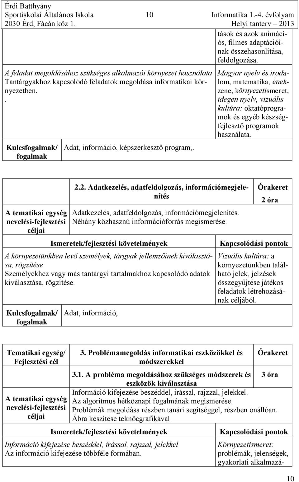 Magyar nyelv és irodalom, matematika, énekzene, környezetismeret, idegen nyelv, vizuális kultúra: oktatóprogramok és egyéb készségfejlesztő programok használata. 2.