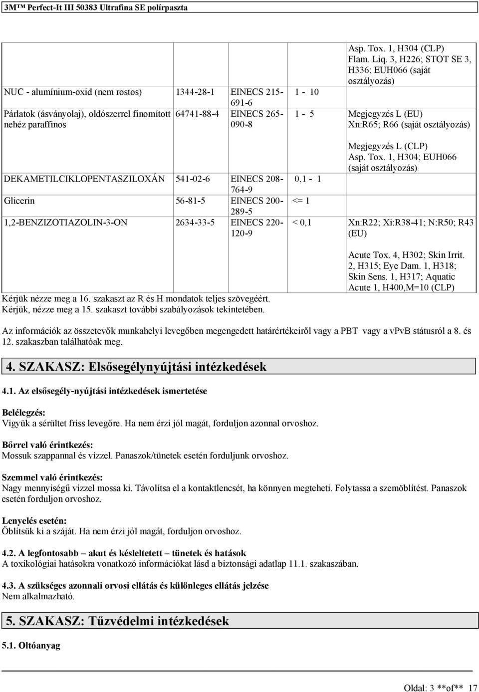 szakaszt további szabályozások tekintetében. 1-10 Asp. Tox. 1, H304 (CLP) Flam. Liq.