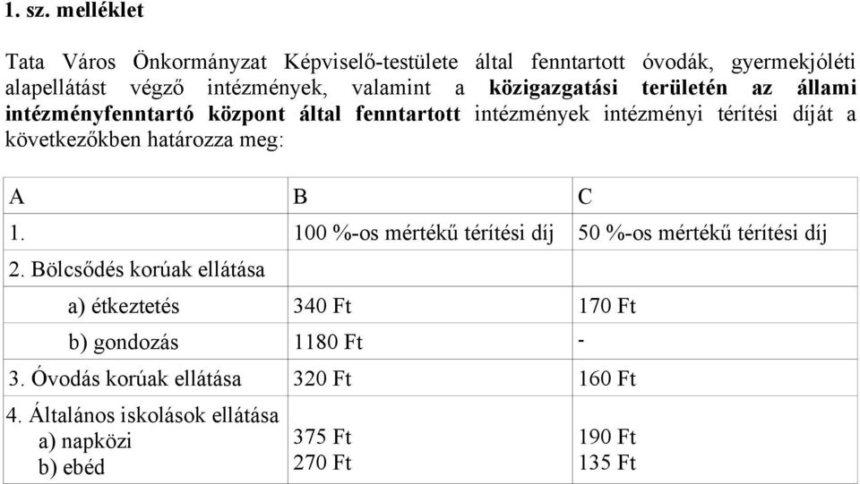 közigazgatási területén az állami intézményfenntartó központ által fenntartott intézmények intézményi térítési díját a következőkben