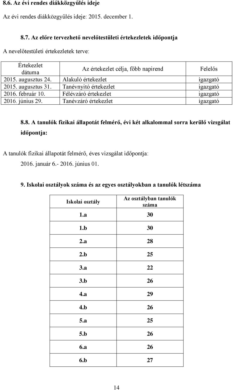 Alakuló értekezlet igazgató 2015. augusztus 31. Tanévnyitó értekezlet igazgató 2016. február 10. Félévzáró értekezlet igazgató 2016. június 29. Tanévzáró értekezlet igazgató 8.