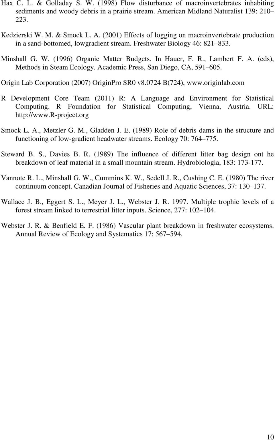 , Lambert F. A. (eds), Methods in Steam Ecology. Academic Press, San Diego, CA, 591 605. Origin Lab Corporation (2007) OriginPro SR0 v8.0724 B(724), www.originlab.